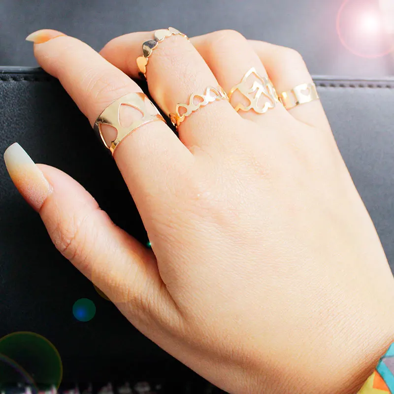 

F&U Gold Color Fashion Europe Popular Style Freesize Pierced Open 5pcs Ring Set for Girls Gift R105