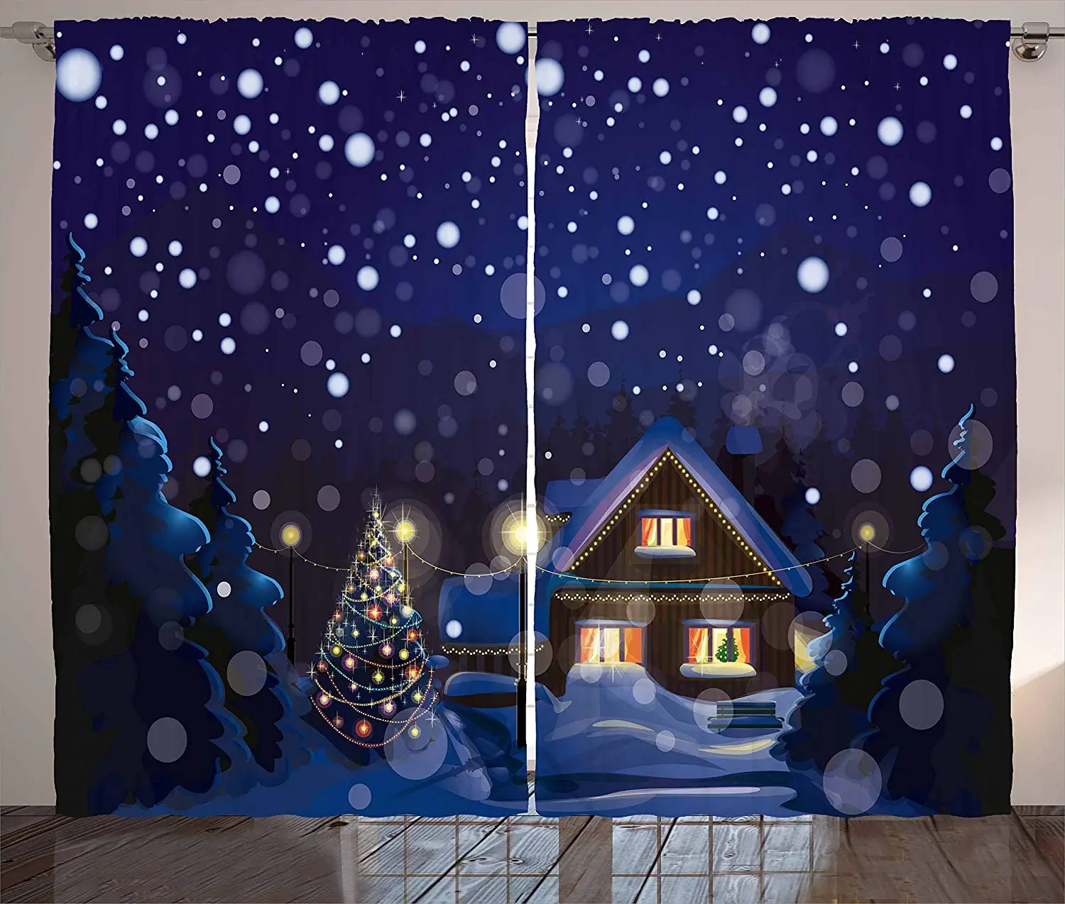 Рождественские шторы, зимний ночной деревенский пейзаж с маленьким домиком среди сосен и снега, занавески для гостиной, спальни