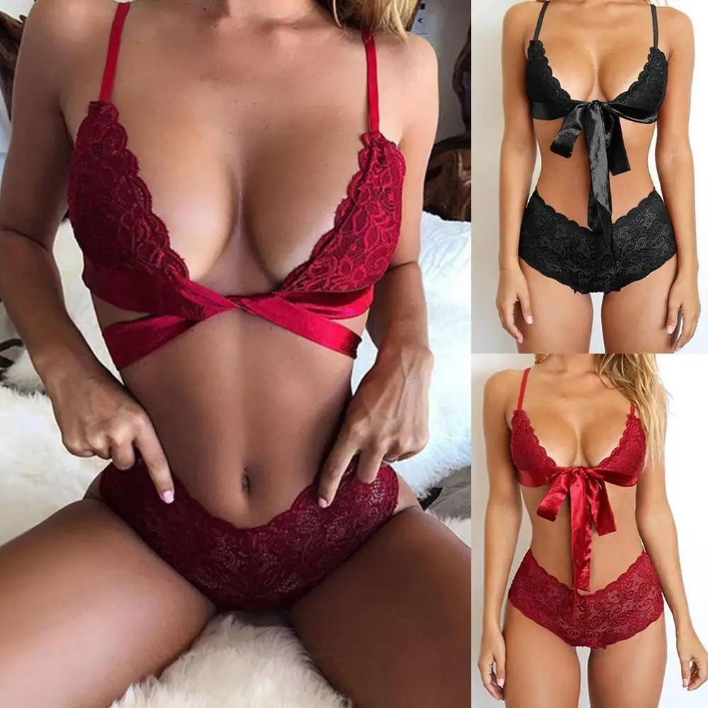 

Bow Tie Black color Lace up Summer Women Bra & Brief Underwear Sexy Set Lingerie Micro bikini Women open cup bra