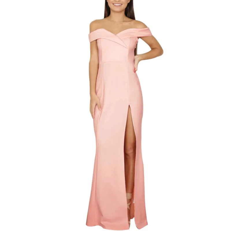 Сексуальное женское длинное платье с открытыми плечами, винтажное розовое однотонное длинное платье с открытой спиной, с разрезом сбоку, тонкое платье Longue Femme Tube Vestido