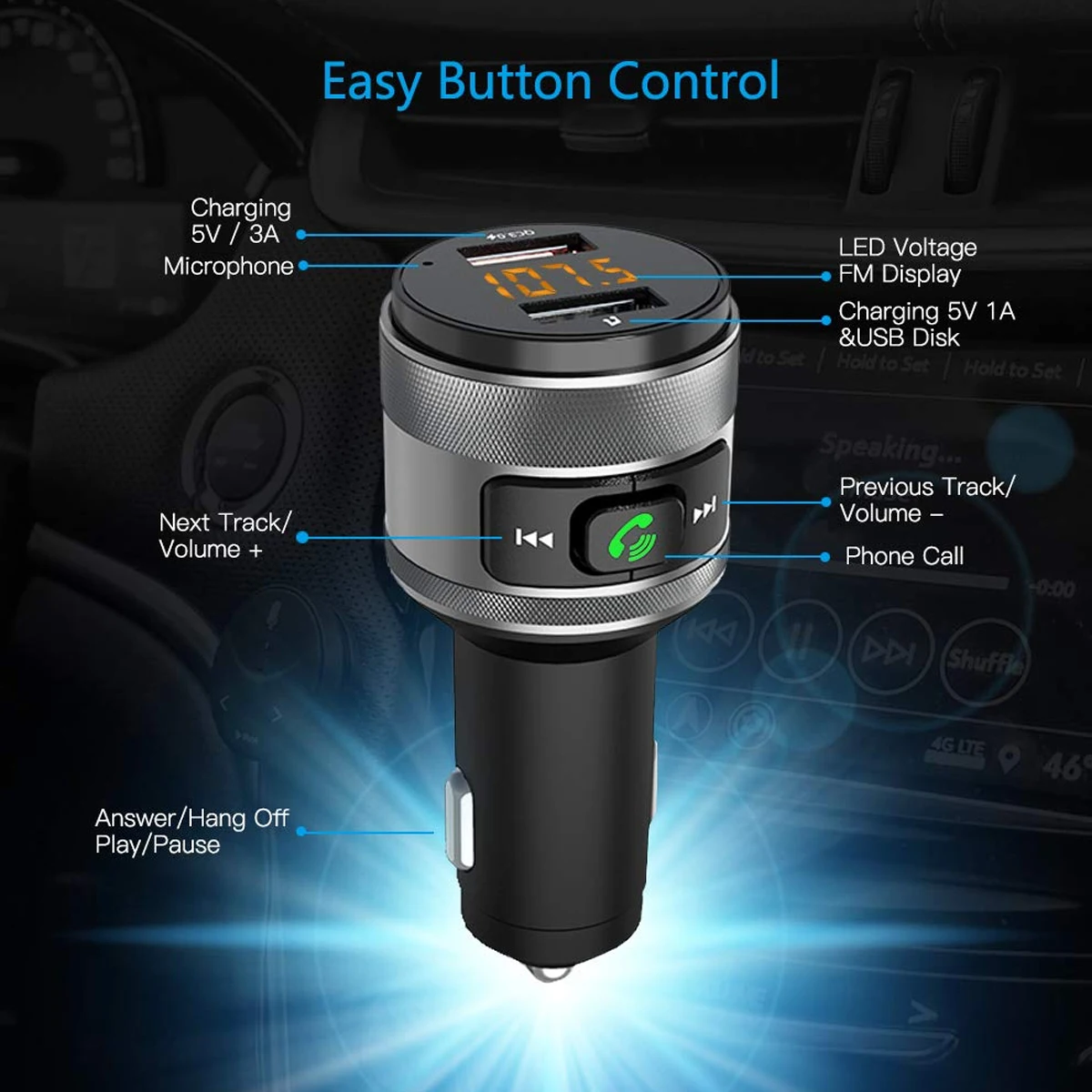 

Quick Charger 3.0 TF Car MP3 Player For iPhone Huawei Samsung Dual USB Type-C Wireless Bluetooth 5.0 Car Charger FM Transmitter