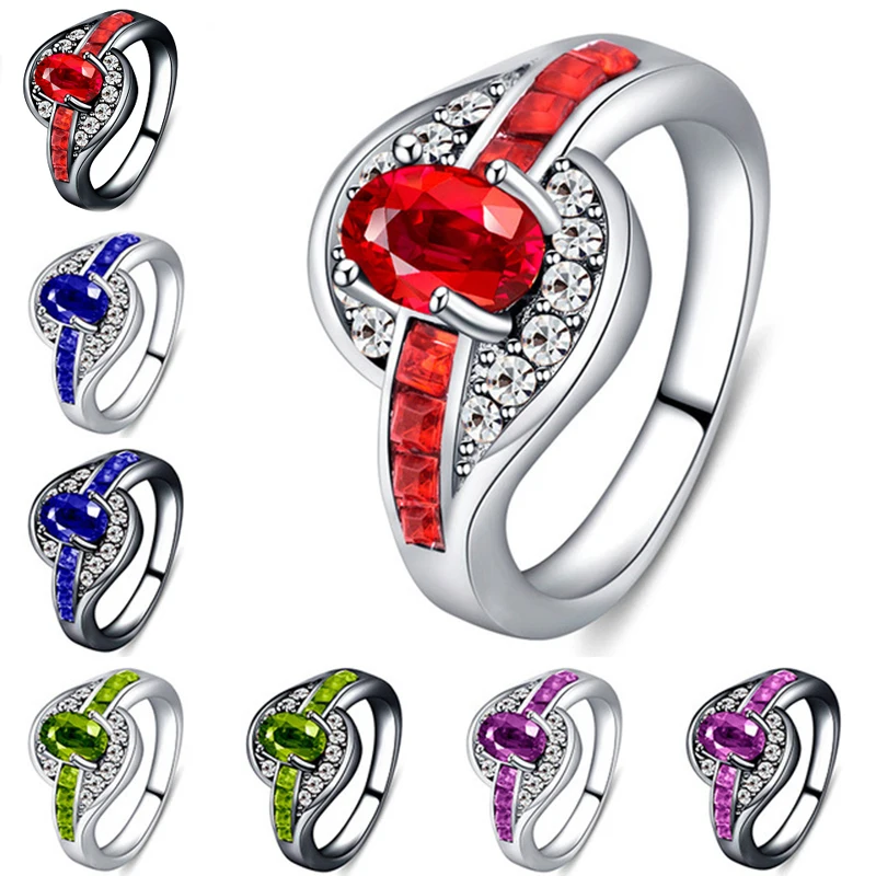 

NEW Promotion 100% Color Silver Rings Jewelry Luxury CZ Zircon Wedding Rings For Women Red Green Blue Purple Ring