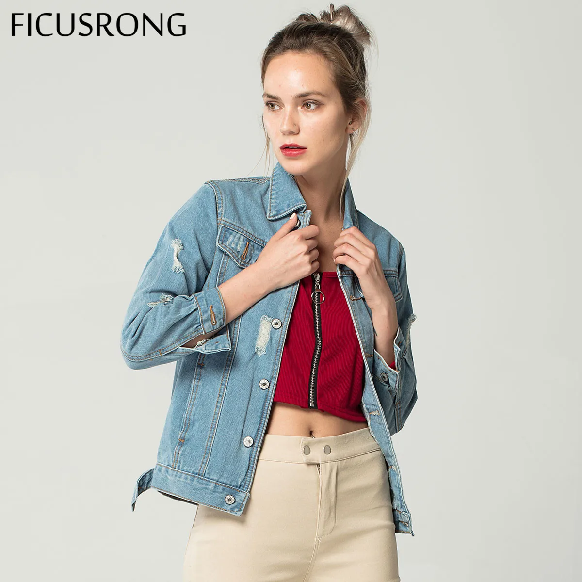 

2019 New Women Hole Frayed Vintage Denim Jacket Coat For Female Jeans Denim Coat Girl's Bomber Jacket Basic Coat FICUSRONG