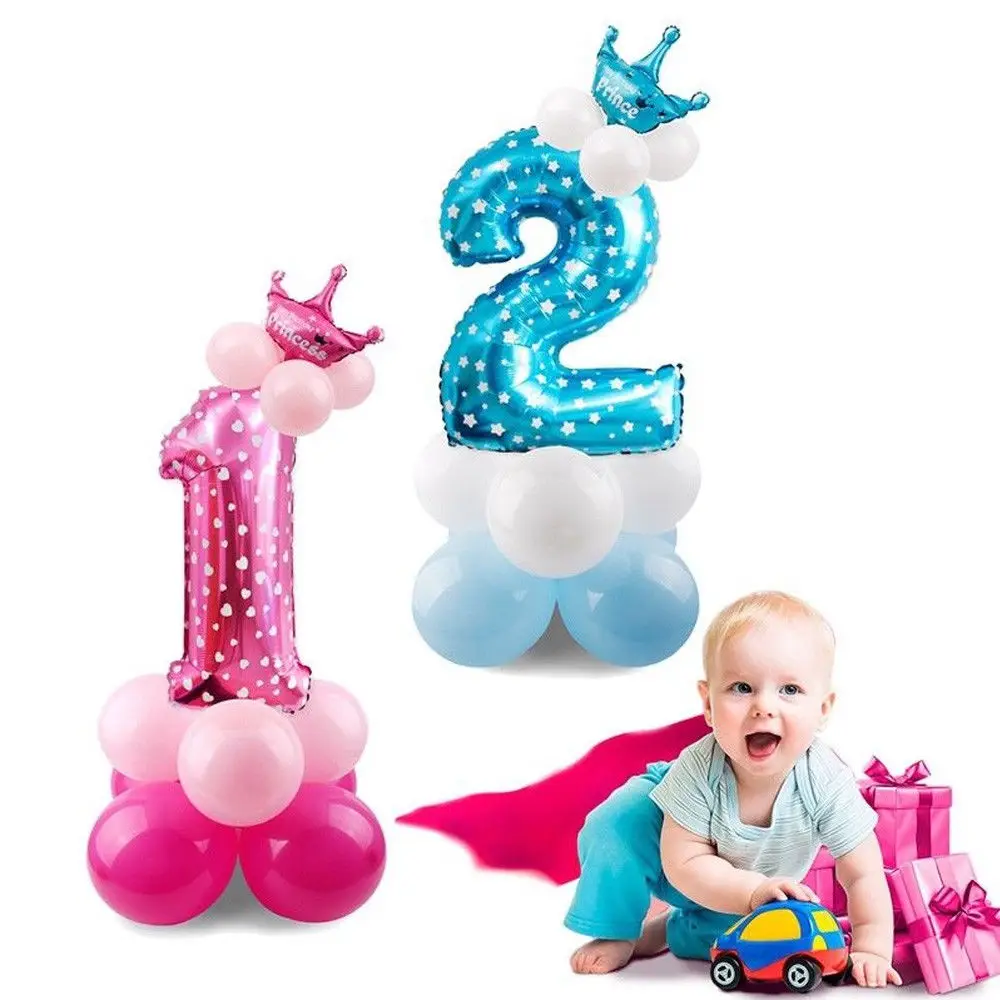 С днем рождения воздушные шары комплект розовый и голубой номер воздушные шары из фольги День Рождения украшения дети мальчик девочка вечерние шары номер