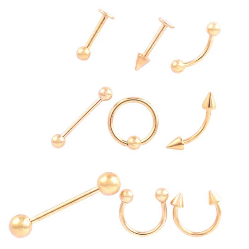 

5pcs/lot Gold Stainless Steel Eyebrow Navel Belly Lip Tongue Nose Piercing Bar Ring Labret Barbell Tunnel Body Jewelry