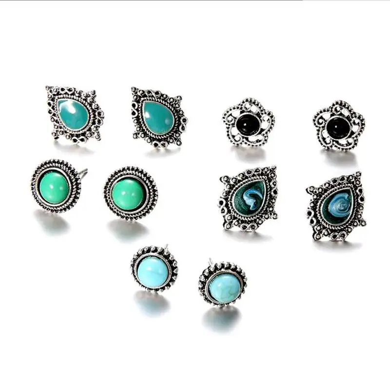 

5pairs / Pack Vintage Alloy Green Stone Stud Earring Sets Turquoises Antique Women Earring Bohemia Earring Women Jewelry Gift