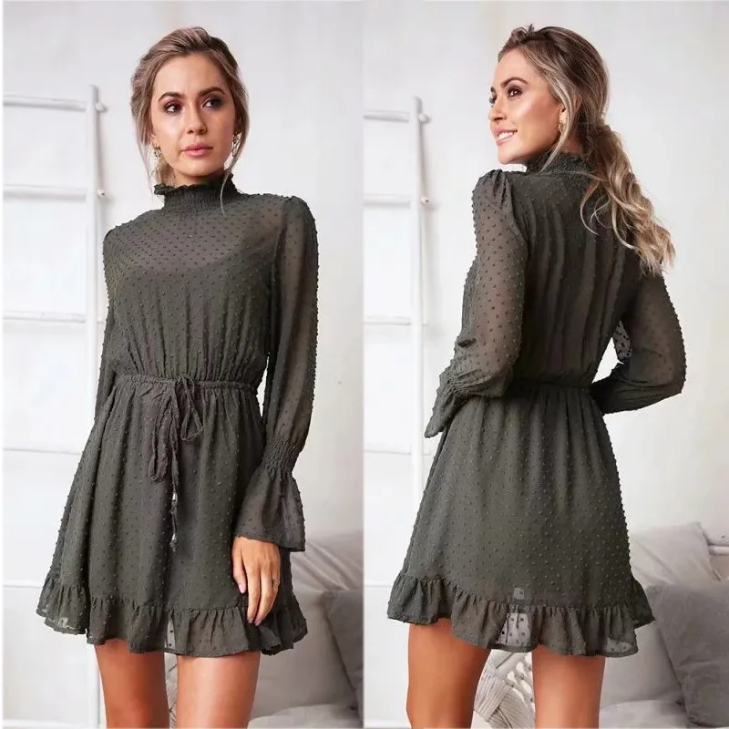 yinlinhe Pink Dot Dress Women Long Lantern Sleeve Transparent Turtleneck Autumn Dress Women Sexy Slim Waist Vestido  6