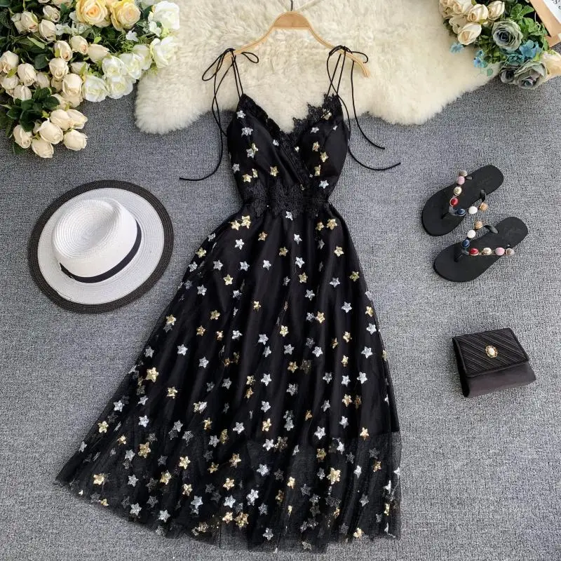 

2019 Summer Women Sequined Star Mesh Dresses Lady Sexy Sleeveless Sling Dress Woman Embroidery Star Mesh Strap Dress