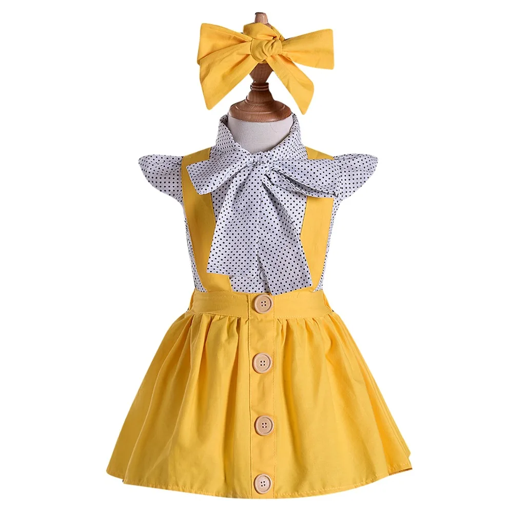 

3PCS Set Princess Girls Short Sleeve Polka Dot Bowknot Blouse Top Button Suspender Skirt Overall Headband Kids Girl Clothing Set