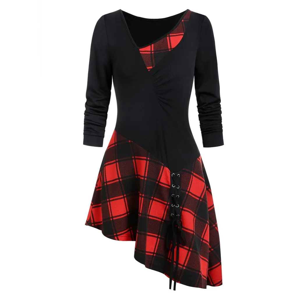 

feitong women summer Patchwork Full dress Casual style women T-shirt dress women dress plus size lace Up Plaid T-shirt dress#g20