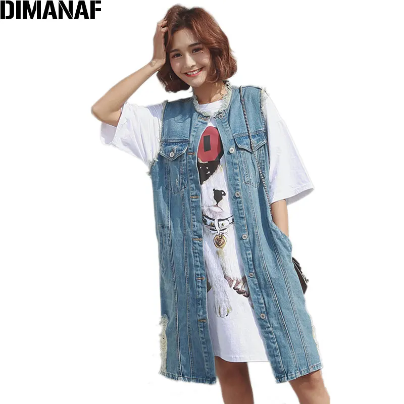 Koop DIMANAF Vrouwen Denim Jas Jas Herfst Mouwloze Bovenkleding Vintage Gerafeld Gat Vrouwelijke Losse 2018 Blauw Vest Plus Size XL 4XL