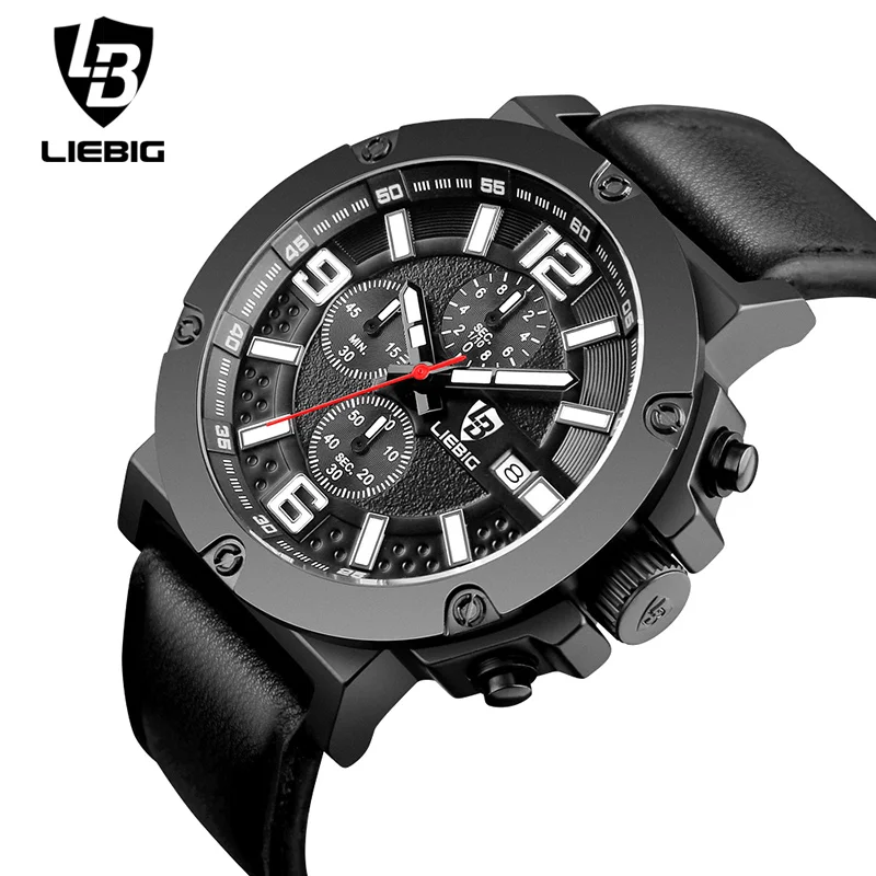 

LIEBIG Men Military Quartz Watch Calendar Leather Waterproof Wristwatches Fashion Sports Watches Commander Relogio Masculino