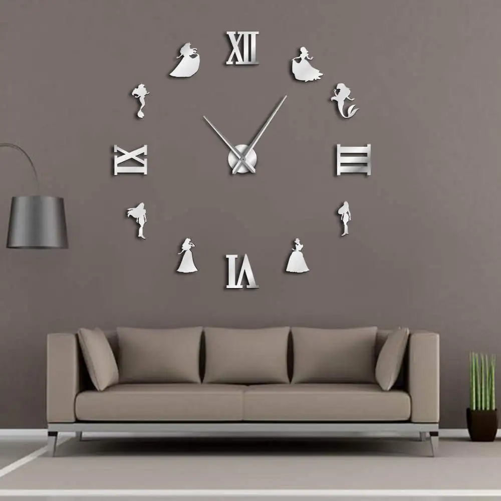 

Mermaid & Princess DIY Large Wall Clock Fairytale Style Frameless Giant Wall Clock Girl Room Decor Modern Design Gift For Her