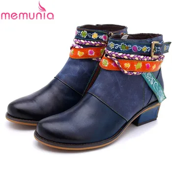 

MEMUNIA Plus size 43 Women's genuine leather boots retro bohemian ankle boots for women zip flower buckle ladies autumn boots