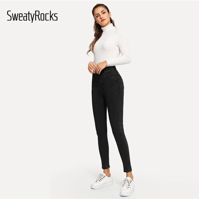 SweatyRocks, однотонные обтягивающие джинсы с высокой талией, уличная одежда, зауженные брюки на пуговицах, новинка, весенние женские черные повседневные тянущиеся штаны