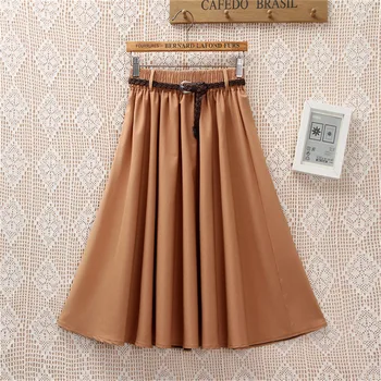 

2019 Women Retro Stretch High Waist Midi Skirts Skater Flared Pleated Swing Skirt Dress With Belt