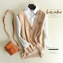 Женский вязаный шерстяной жилет с v-образным вырезом и длинным шлейфом, женский свитер, Женский пуловер без рукавов, Модный осенне-зимний