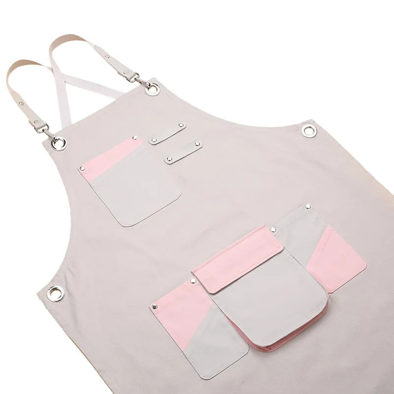 Gray Pink Long Cotton Apron Waitstaff Barista Bartender Baker Bistro Pastry Catering Uniform Florist Painter Artist Work Wear E4