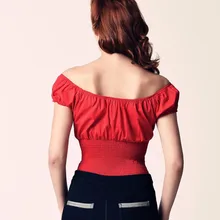 35-Женская Винтажная Коллекция 1950 s Ретро с открытыми плечами, с вырезом лодочкой, крестьянский кроп-топ красного цвета, большие размеры, camisetas, хлопковая рубашка