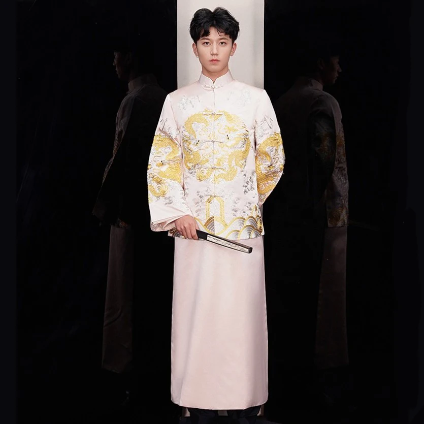 Китайский стиль жениха платье куртка традиционный Qipao для мужчин жениха Свадебный костюм вышитый дракон мужская рубашка