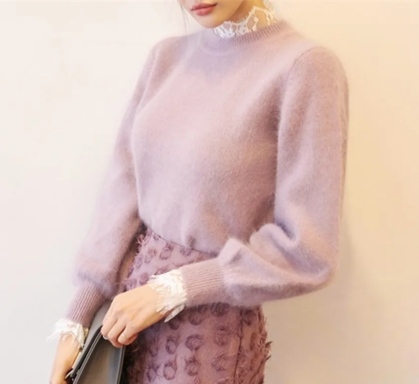 HAMALIEL Korean Autumn Winter Mink Cashmere Women Sweater Casual Pink Lantern Sleeve Knitted Soft Warm Pullovers Fashion Jumpers