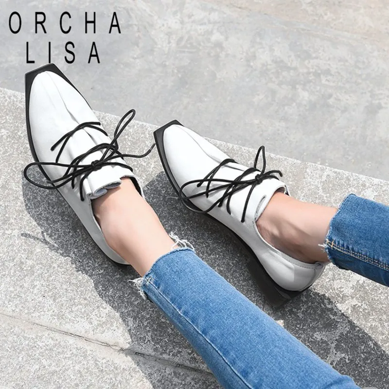 

ORCHA LISA 2019 New Spring women genuine leather Brogue lace up shoes square toe Bullock shoes solid Plus size 42 C959