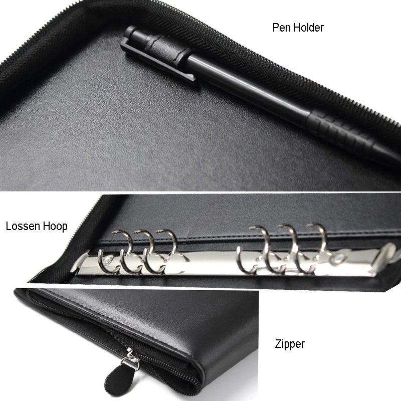 A5 Business PU Leather Diary Cover Agenda Loose Leaf Refill Notebook Journal Spiral Notebook Loose Ring Binder Zipper Pen Clips