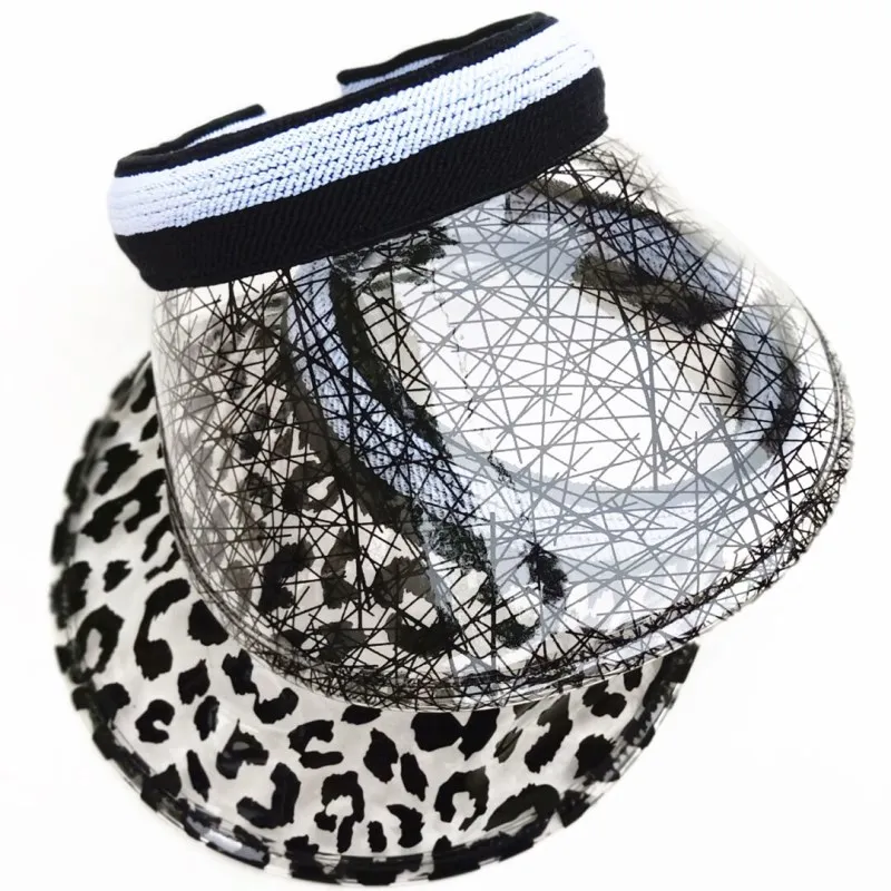 

New Women Transparent Clear Unbreakable Visor Cap Empty Topless Leopard Striped PVC Plastic Big Brimmed Sun Beach Party Hat
