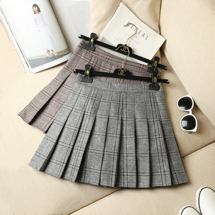 

2019 New Saia Midi Saia Long Skirt Plaid Skirt England Style Cotton Pleated Above Knee Mini Length Empire Waist Autumn Winter