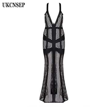 

2019 New Arrival Women Party Dress Sleeveless V Neck Straps Grid Patchwork Hollow Out Bodycon Club Bandage Dress Hot Sale
