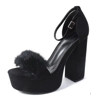 

Sweet hairy platform high heel sandals for women Ladies open toe chunky heel ankle strap shoes Black/wine red solid high heels