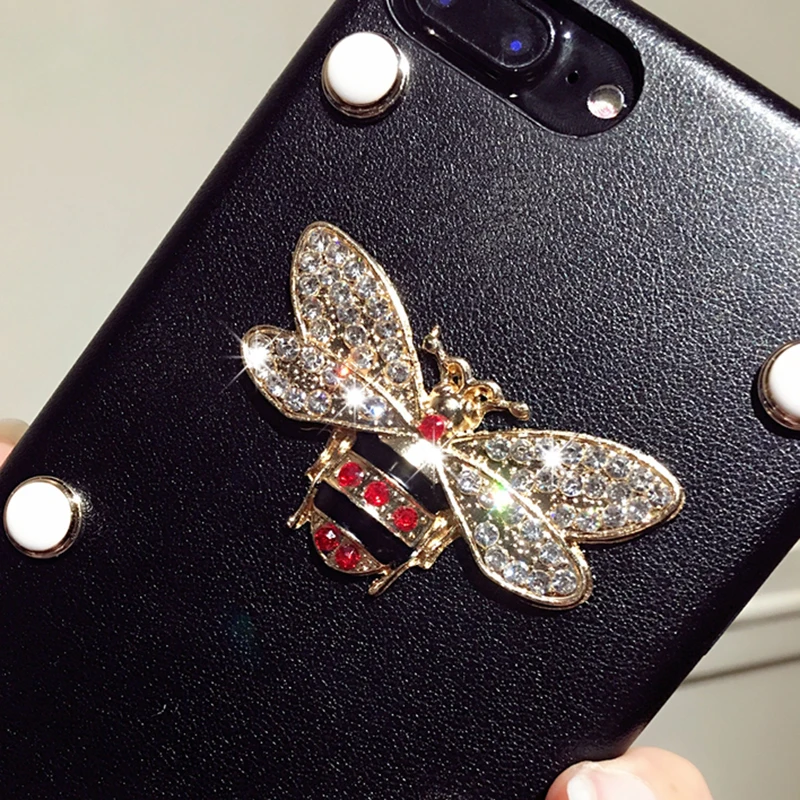 Aoweziic Fashion For iPhoneX XS MAX XR 7 8Plus 6 6S Plus Kawaii DIY Bling Glitter Exquisite Crystal Bee Soft Leather Phone Cases