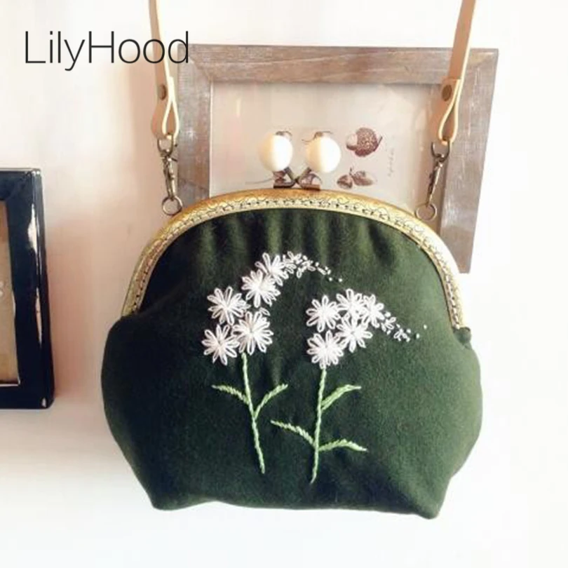 

LilyHood Handmade Wool Felt Embroidery Shoulder Bag Vintage Retro Shabby Chic Victorian Folk Stylish Small Green Crossbody Bag