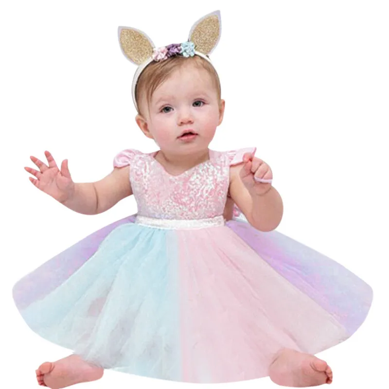 

Telotuny Children's Sets Dresses For Girls Toddler Kid Baby Girl Sleeveless Rainbow Sequined Lace Princess Romper Dress Apr3