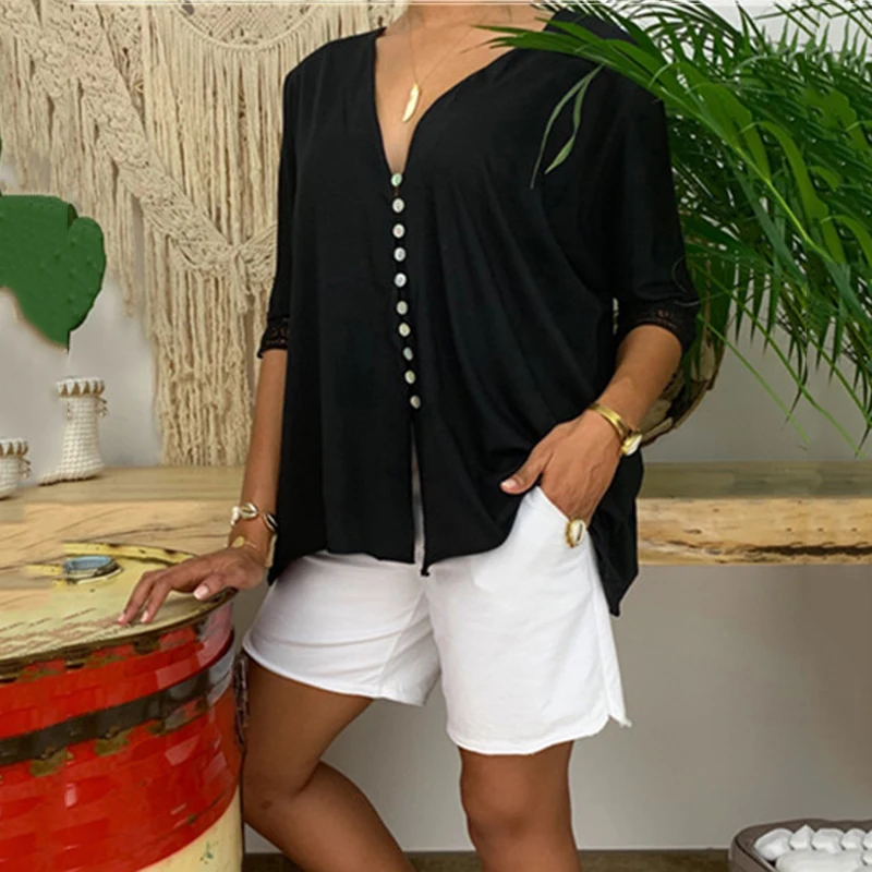 

Women Tops Ladies Blouse Beach Summer V Neck Boho Clothing Button Down Vintage Fashion Solid Color Half Sleeves