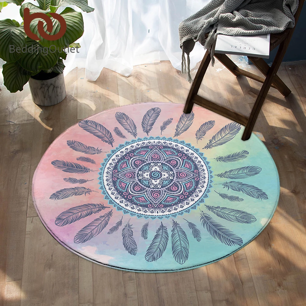 

BeddingOutlet Mandala Round Carpet Kids Room Bohemian Feathers Area Rugs Mat Pink and Blue Tapete For Living Room alfombra 100cm