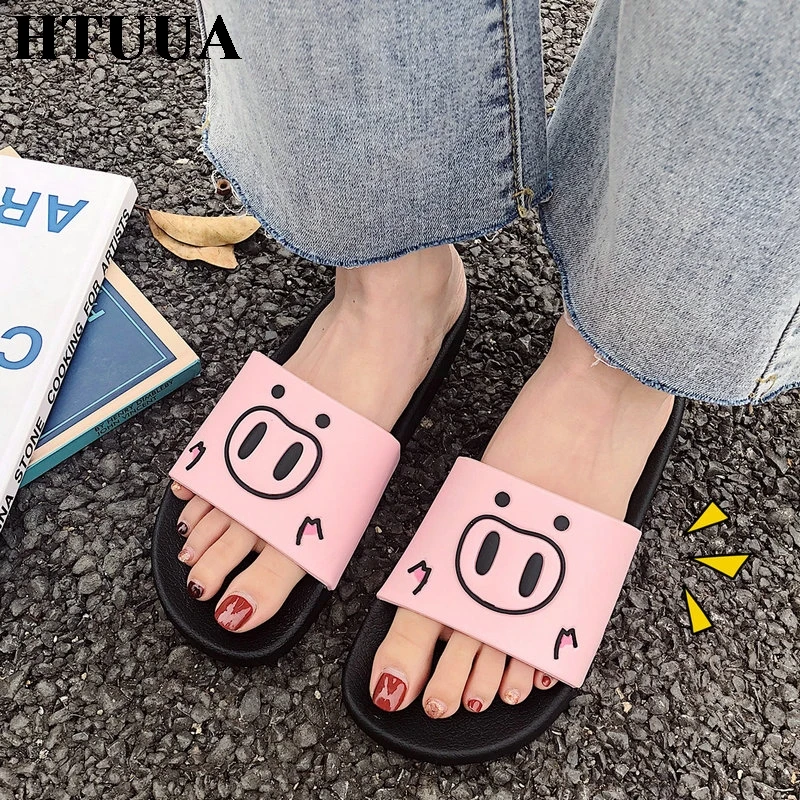 HTUUA/милые тапочки с рисунком поросенка Женские летние шлепанцы на плоской