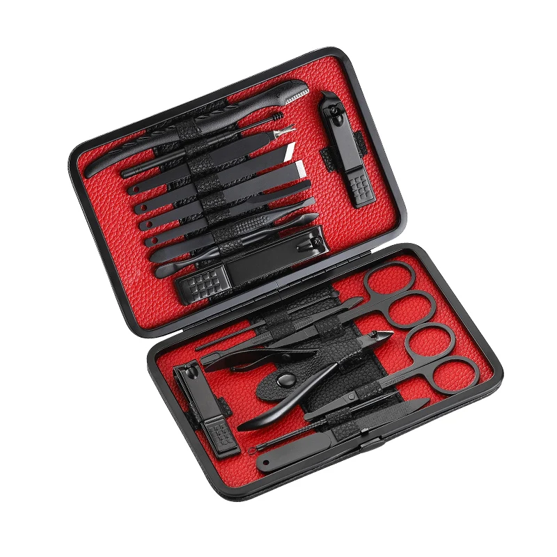  Manicure Set Nail Clippers Kit Pedicure Care Tools Black Men Grooming Kit 18Pcs With Black PU Leath