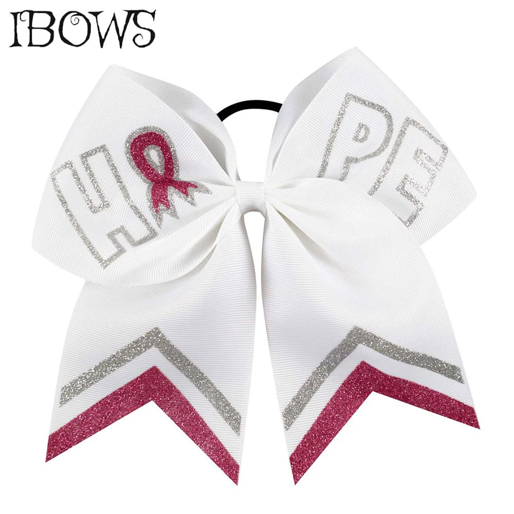 7 بوصة سرطان الثدي يهتف القوس مسحوق لامع وردي الأمل بوتيك فيونكات شعر للفتيات النساء في تشرين الأول/أكتوبر التشجيع الشعر أربطة مرنة