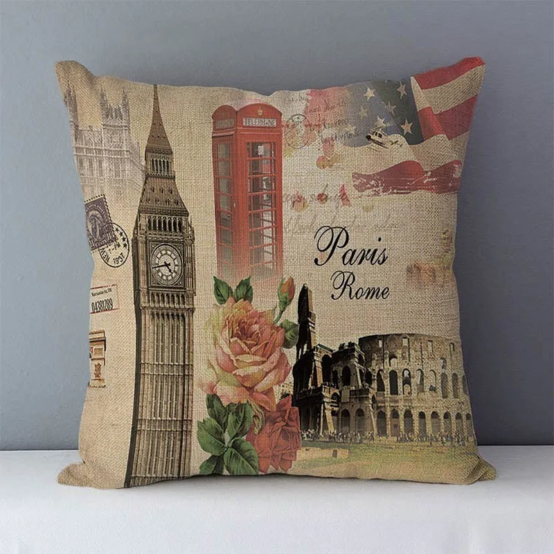 Retro Nostalgic couch cushion home decorative pillows London Paris scenic printed square 45x45cm pillowcase seat back cushions