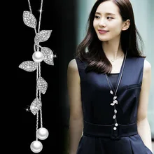 Classic White Simulated-pearl Leaf Drop Necklaces & Pendants For Women Long Shopping Party Anniversary Jewelry Accessories