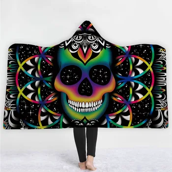 

3D Printed Hooded Blanket for Adult Gothic Colored Skull Sherpa Fleece Wearable Throw Blanket Microfiber Galaxy Bedding