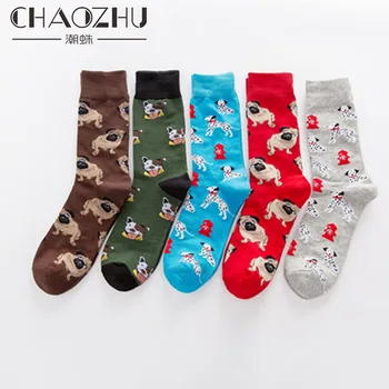 

CHAOZHU New Autumn Winter Men Crew Socks Cartoon Funny Creative Bull Terrier Pug Dalmatians Dog Pattern Cotton Socks For Men