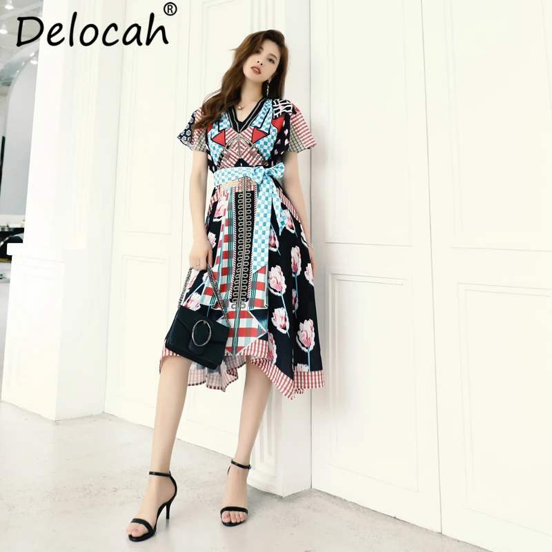 

Delocah Women Spring Summer Vintage Dress Runway Fashion V-Neck Ruffle Bow Tie Floral Print Elegant Vacation Asymmetrical Dress