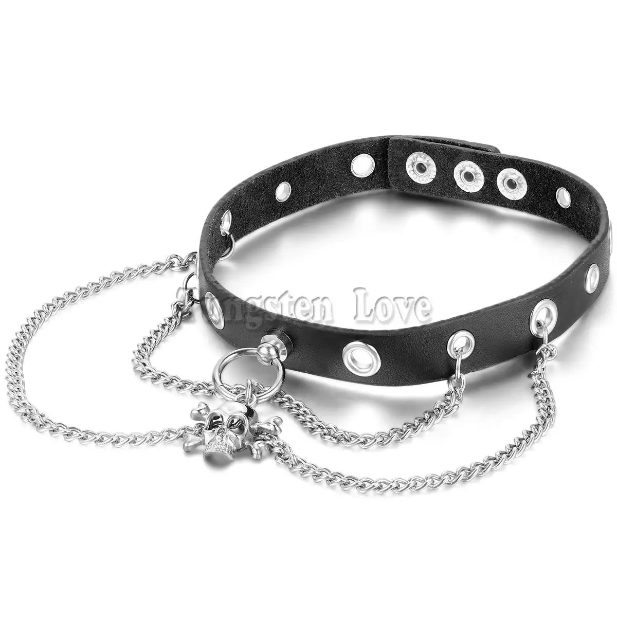 Unisex Collar de Cuero Punk Rock Cráneo con Cadenas 100% Handmade Harajuku Negro Collar Collar