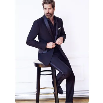 

Latest Coat Pant Designs navy blue men suit satin shawl lapel men tuxedos suit for wedding evening party stage show jacket+pants