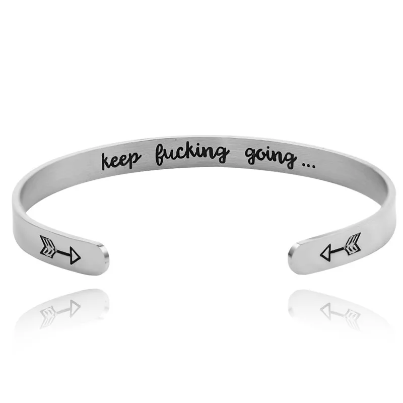 

Silver Color Keep F**king Going Stainless Steel Arrow Open Cuff Bangles Bracelet for Men Women Fashion Decoration Jewelry