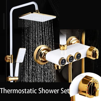 

Black/White Brass Wall Mount Thermostatic Shower Mixer Faucet One Handle Bathtub Shower Faucet with Handheld Shower