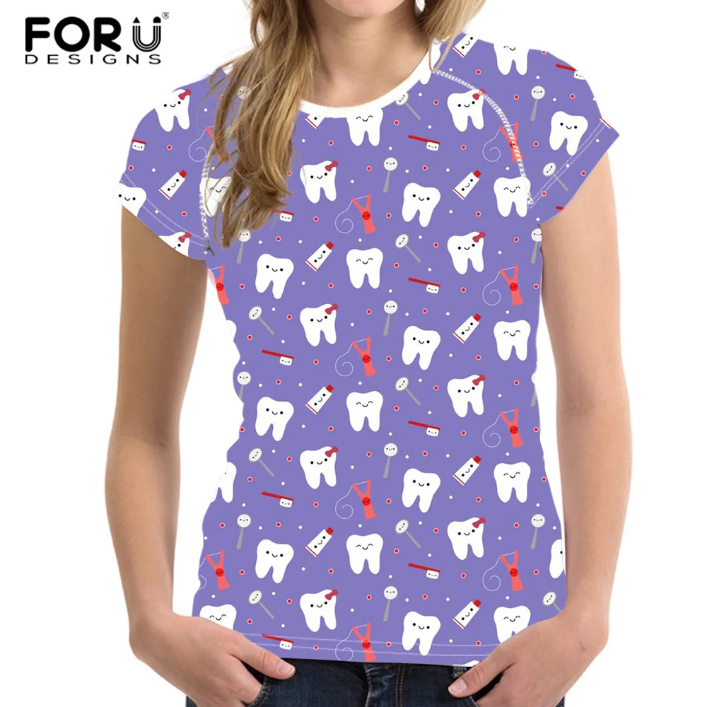 

FORUDESIGNS Dental Tooth Patterm Summer Fashion T Shirt Women Basic T-shirts Female Casual Tops Short Sleeve Girls T-shirt