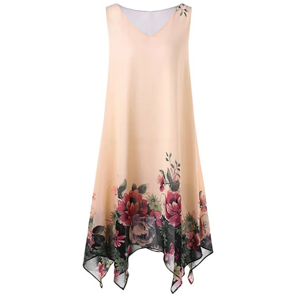

Ladies' Large Size Print Dress Loose Comfortable Sexy Irregular Hem Design Dresses Party Sleeveless Strap V-neck Mini Vestido